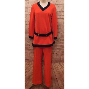 Vintage Sacony 2 pc Pantsuit Orange Navy Blue Mod Tunic + Pants Retro 60’s/70’s